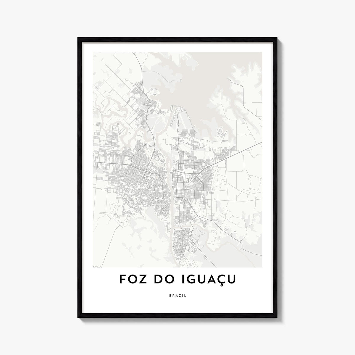 Foz do Iguaçu black & white map poster of Brazil – vertical wall art, unframed print shown in interior mockup