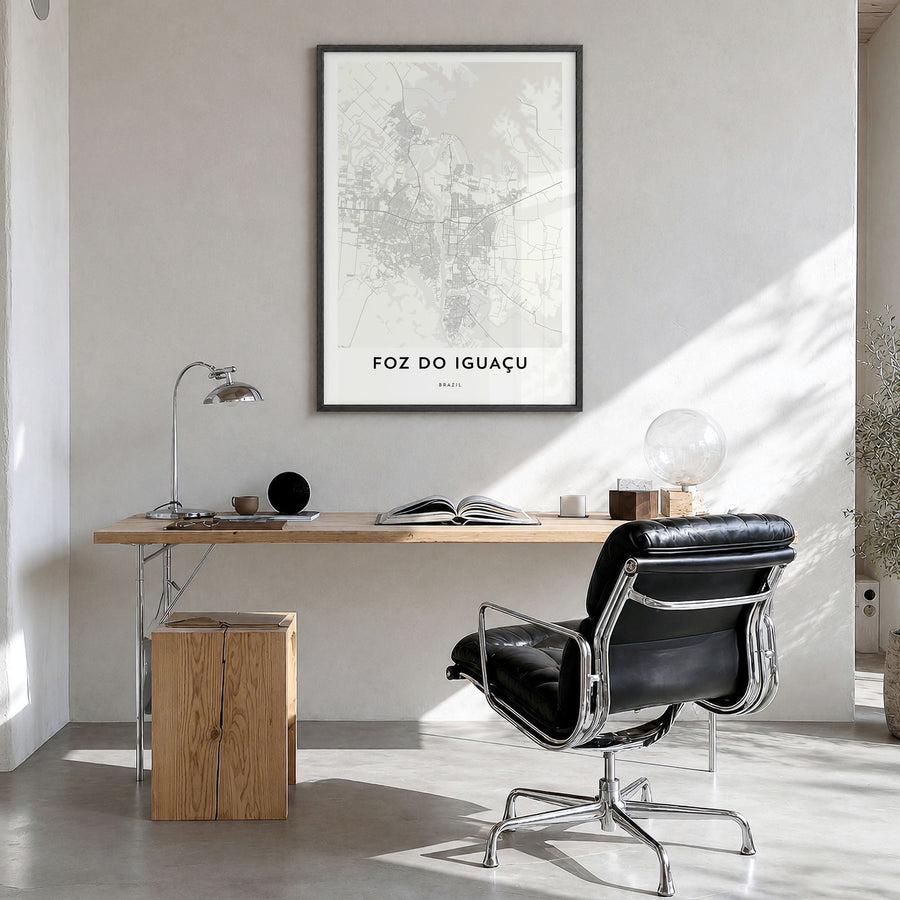Foz do Iguaçu Map Poster in a black wood frame, hanging in a bright home office