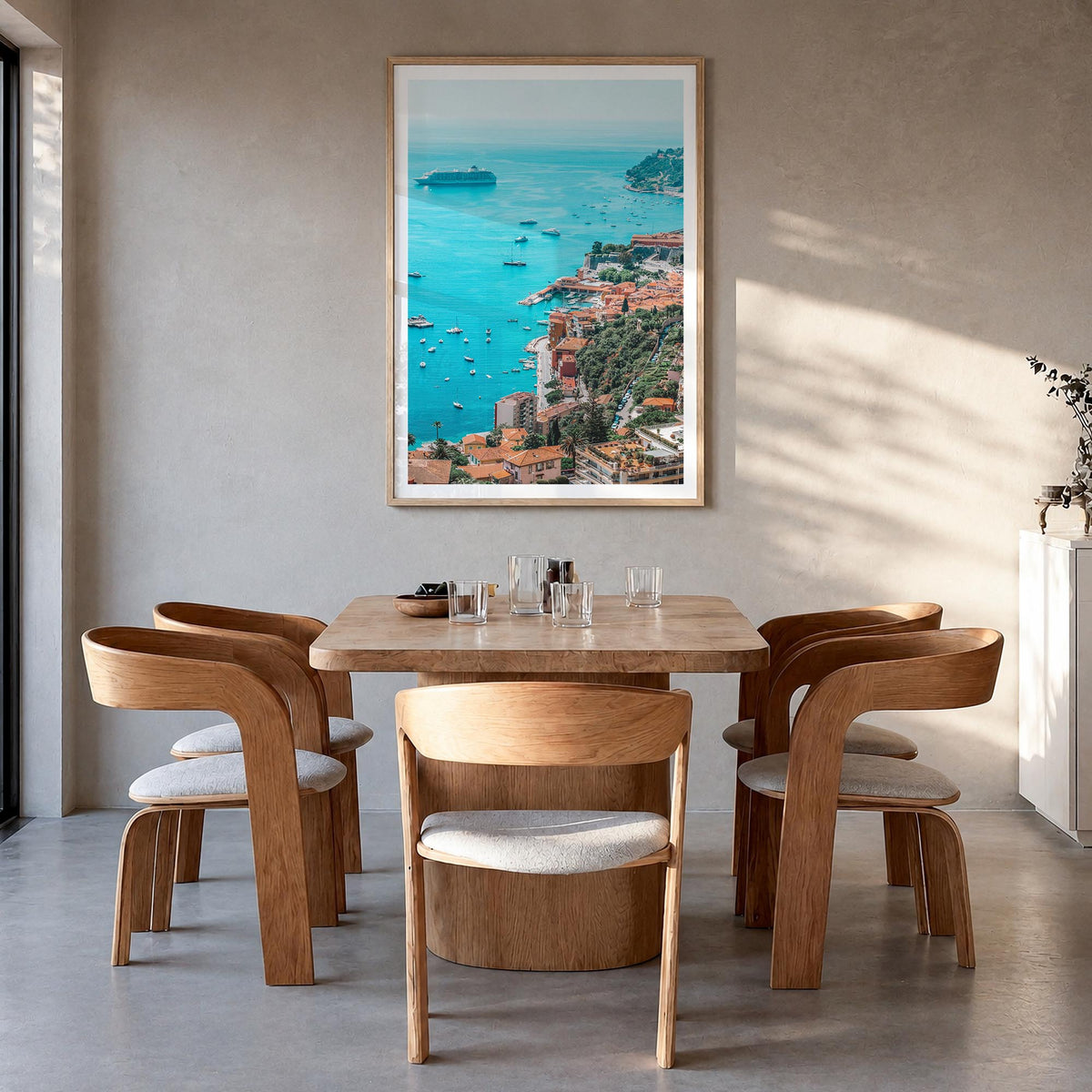 France colorful photo poster of Europe – vertical wall art in natural wood frame with white border, hanging on wall