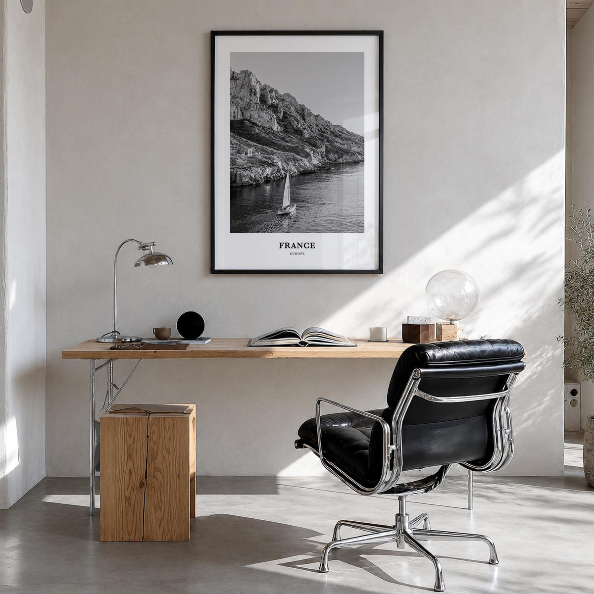 France no. 1 black & white classic poster of Europe – vertical wall art in black wood frame, hanging on wall