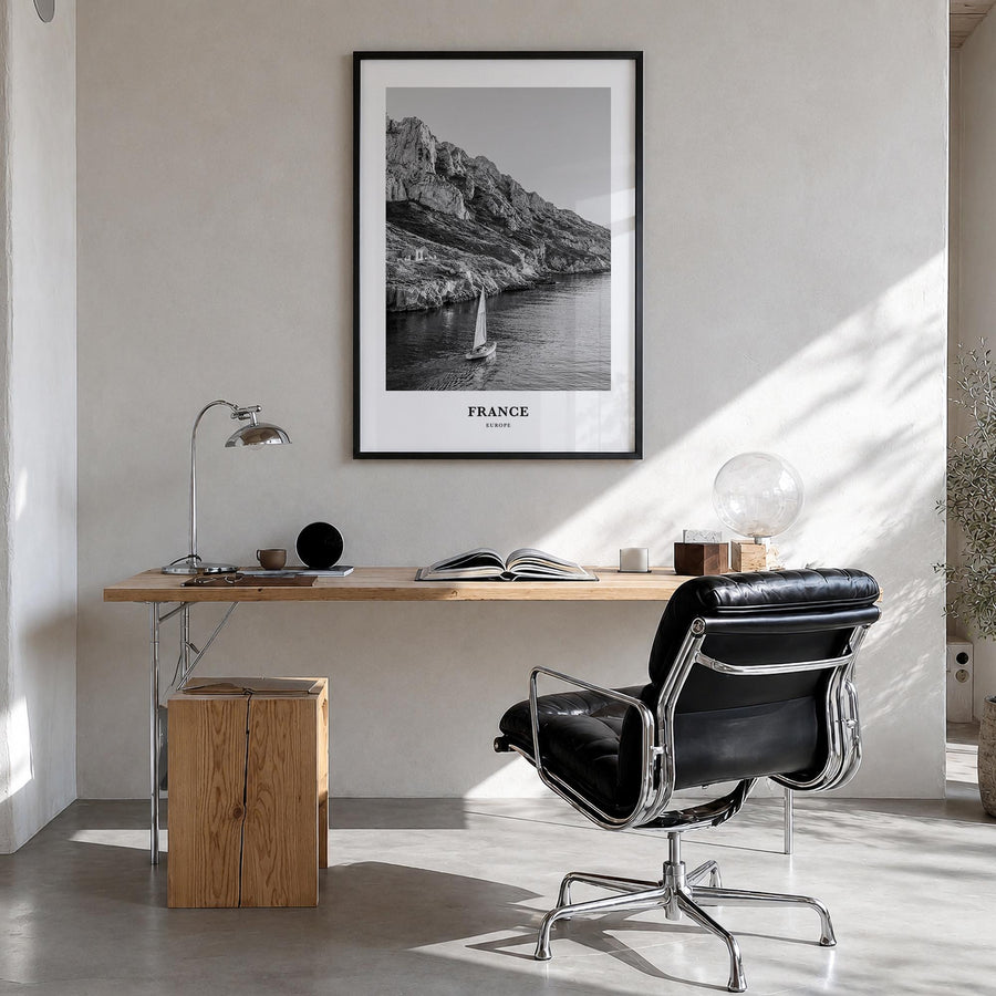 France no. 1 black & white classic poster of Europe – vertical wall art in black wood frame, hanging on wall