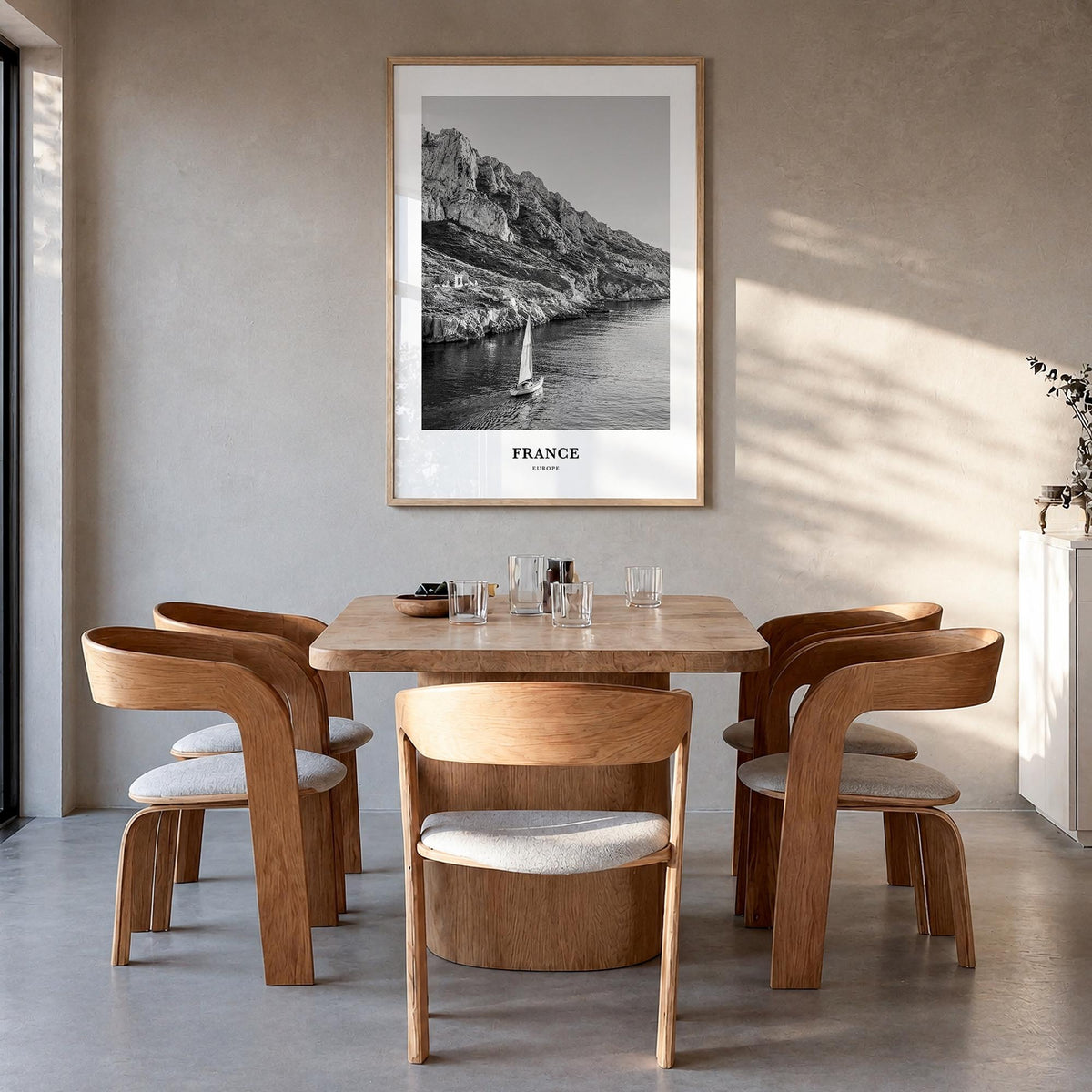 France no. 1 black & white classic poster of Europe – vertical wall art in natural wood frame, hanging on wall