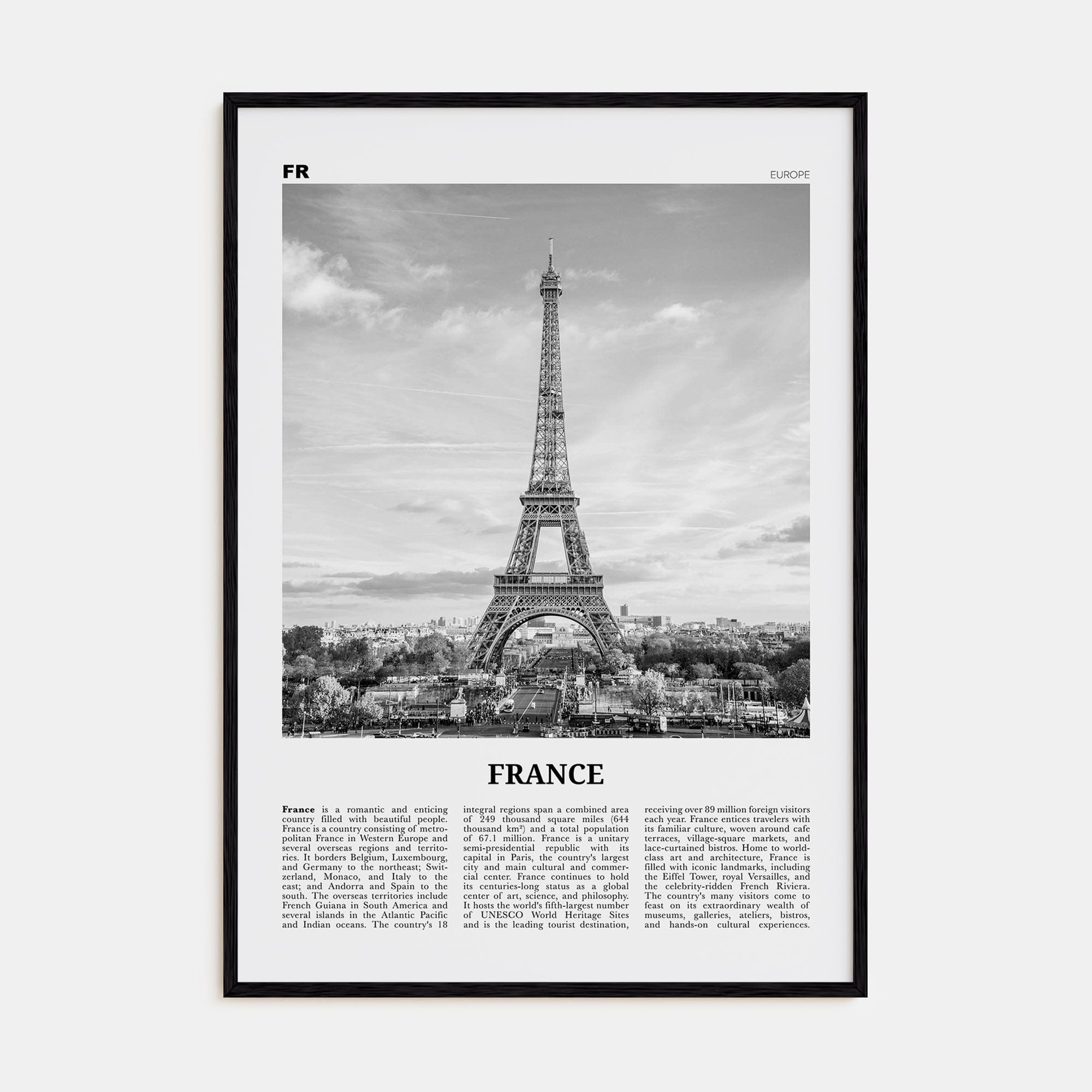 France No 1 Poster Black Wood / 8x12 in Nbourhood Travel B&W Poster