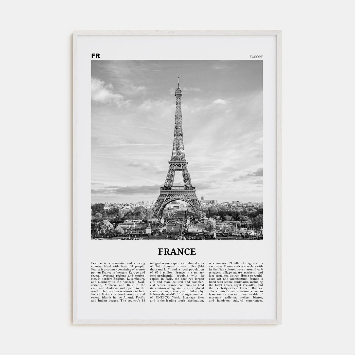 France No 1 Poster White Wood / 8x12 in Nbourhood Travel B&W Poster