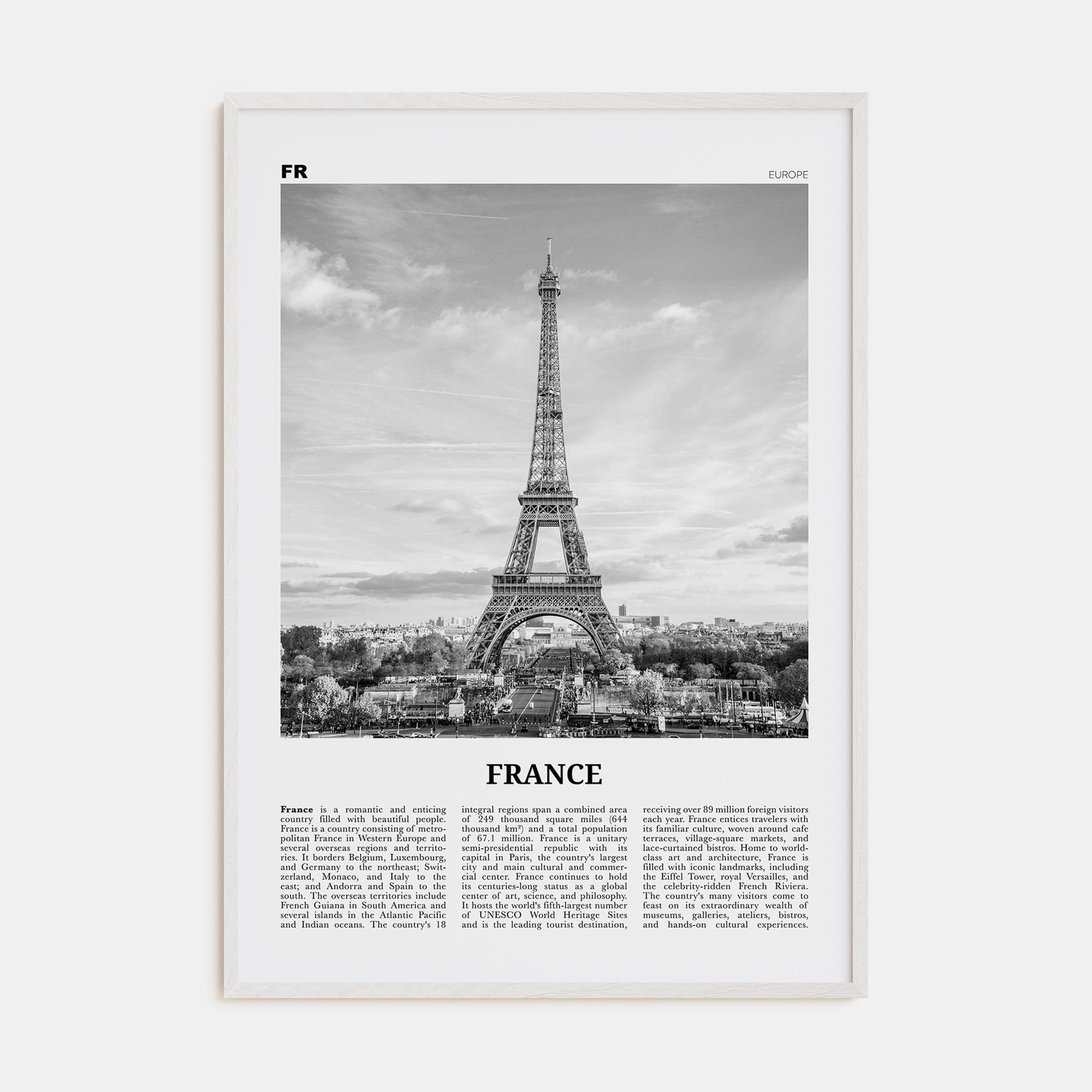 France No 1 Poster White Wood / 8x12 in Nbourhood Travel B&W Poster