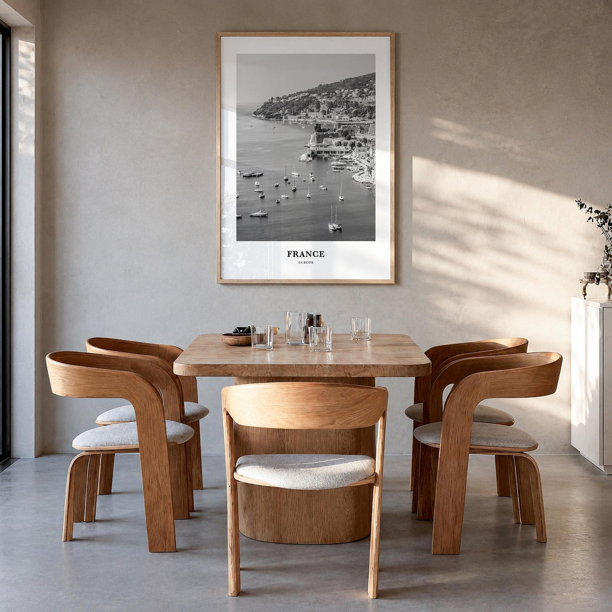 France no. 2 black & white classic poster of Europe – vertical wall art in natural wood frame, hanging on wall