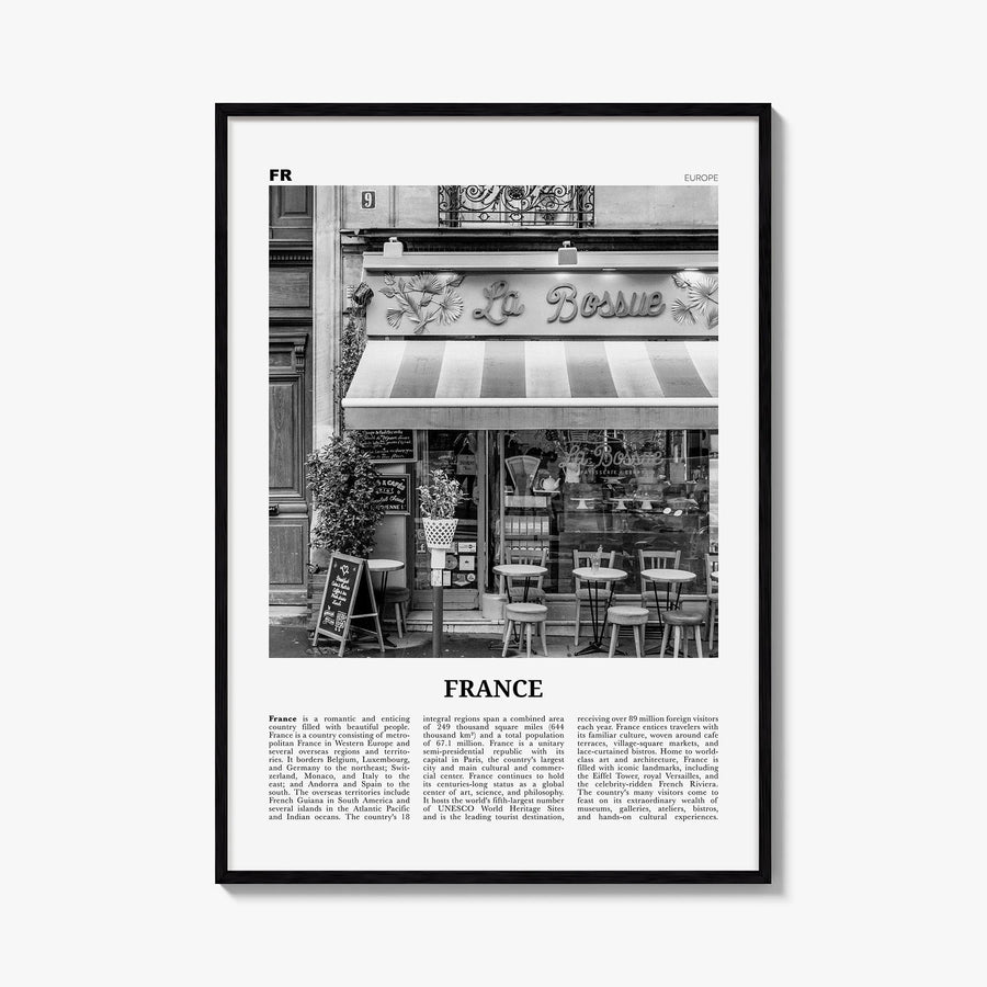 France no. 2 black & white newspaper poster of Europe – vertical wall art, unframed print shown in interior mockup
