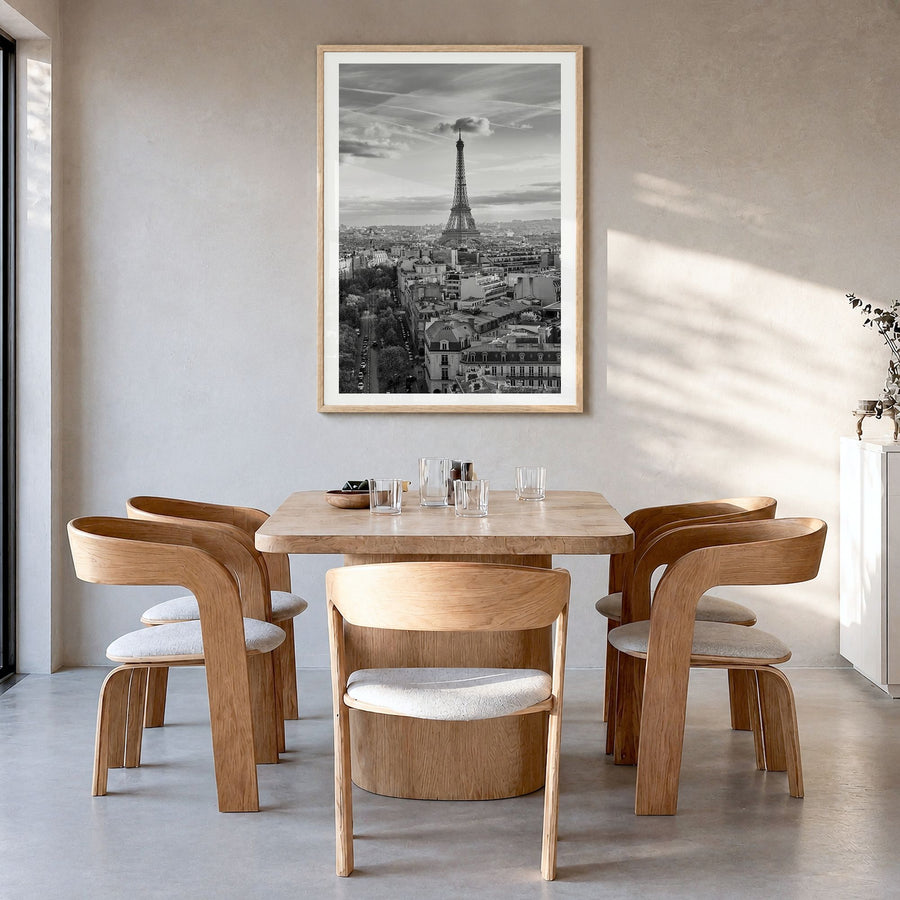 France Photo Poster in a natural wood frame, hanging in a dining room, white border
