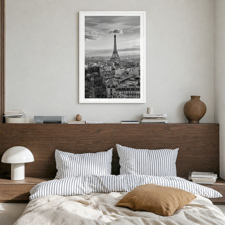 France Photo Poster in a white wood frame, hanging in a bedroom, white border