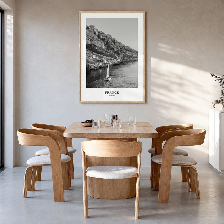 France Classic No 1 Poster in a natural wood frame, hanging in a dining room