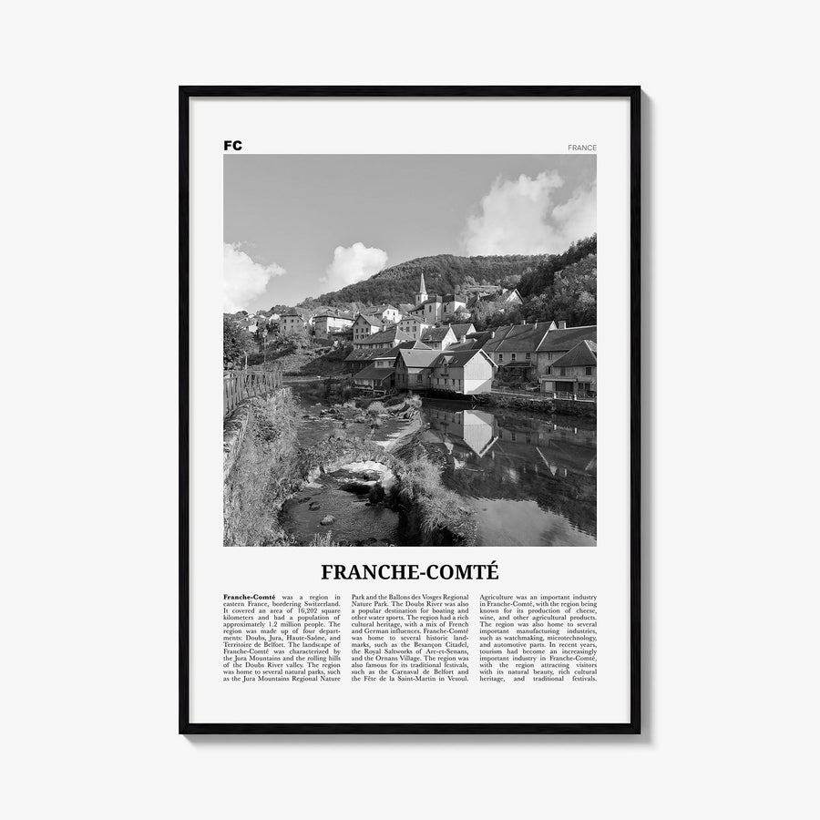 Franche-Comté black & white newspaper poster of France – vertical wall art, unframed print shown in interior mockup