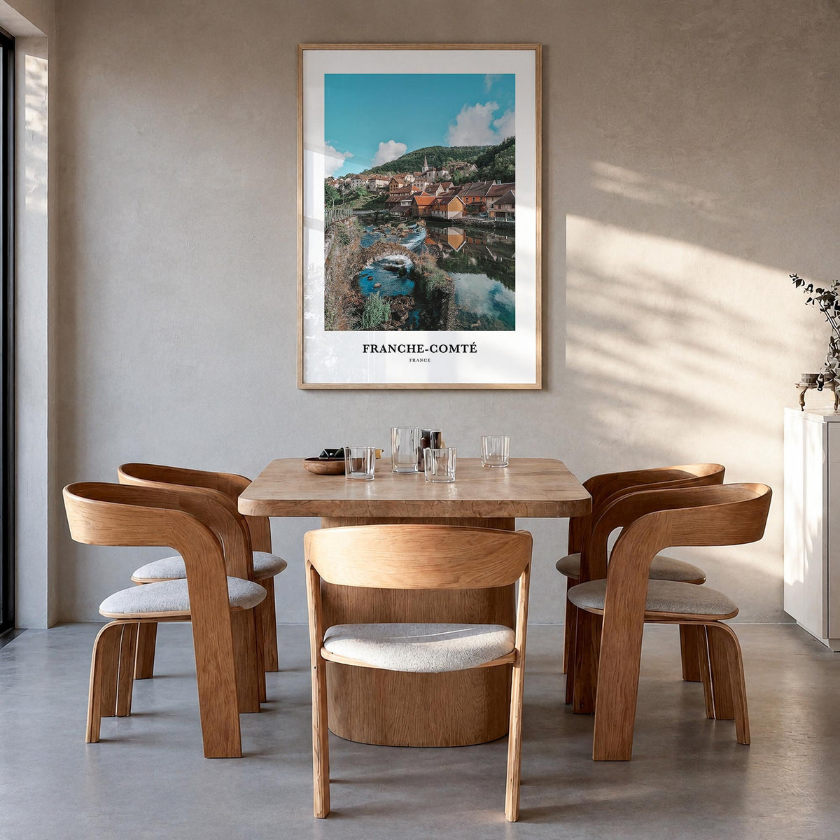 Franche-Comté colorful classic poster of France – vertical wall art in natural wood frame, hanging on wall