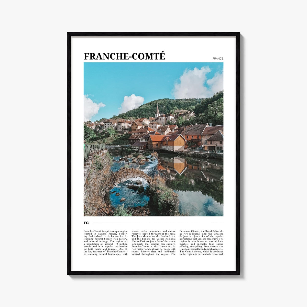 Franche-Comté colorful travel poster of France – vertical wall art, unframed print shown in interior mockup