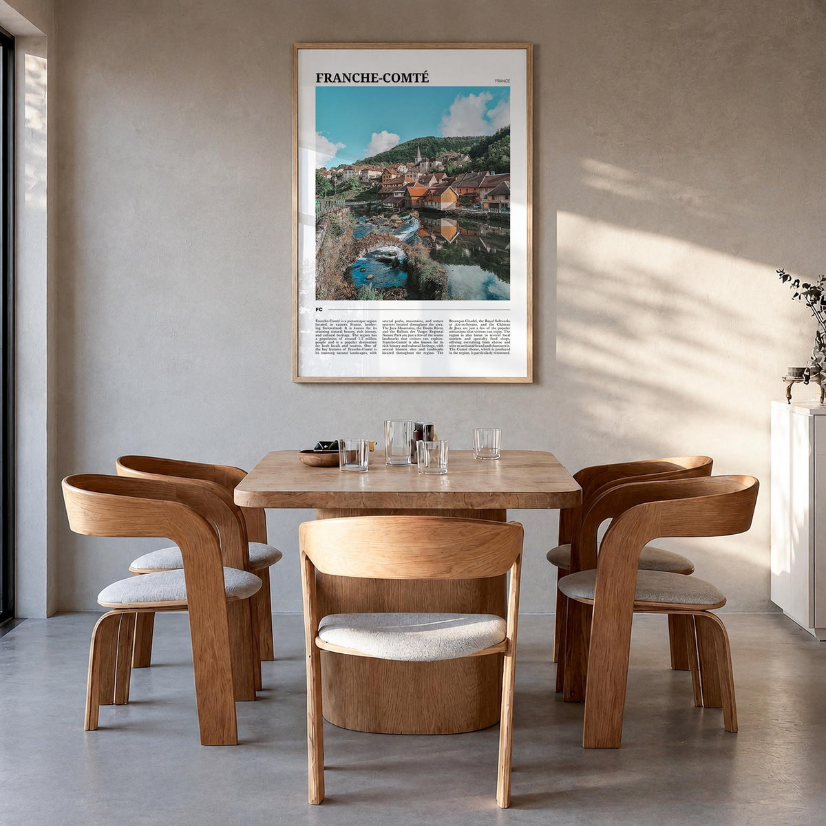 Franche-Comté colorful travel poster of France – vertical wall art in natural wood frame, hanging on wall