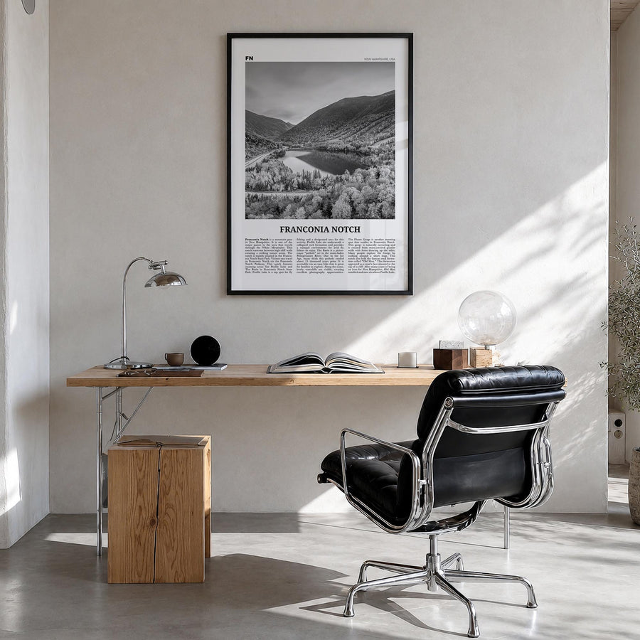 Franconia Notch black & white newspaper poster of New Hampshire, USA – vertical wall art in black wood frame, hanging on wall