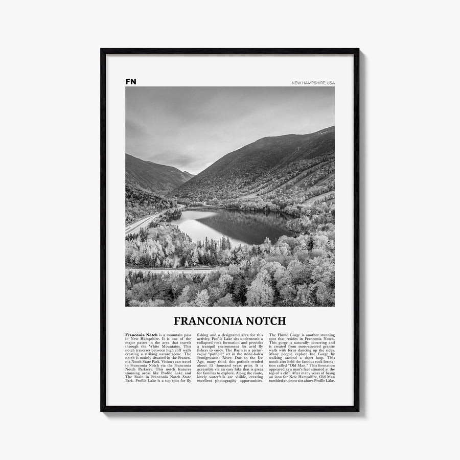 Franconia Notch black & white newspaper poster of New Hampshire, USA – vertical wall art, unframed print shown in interior mo