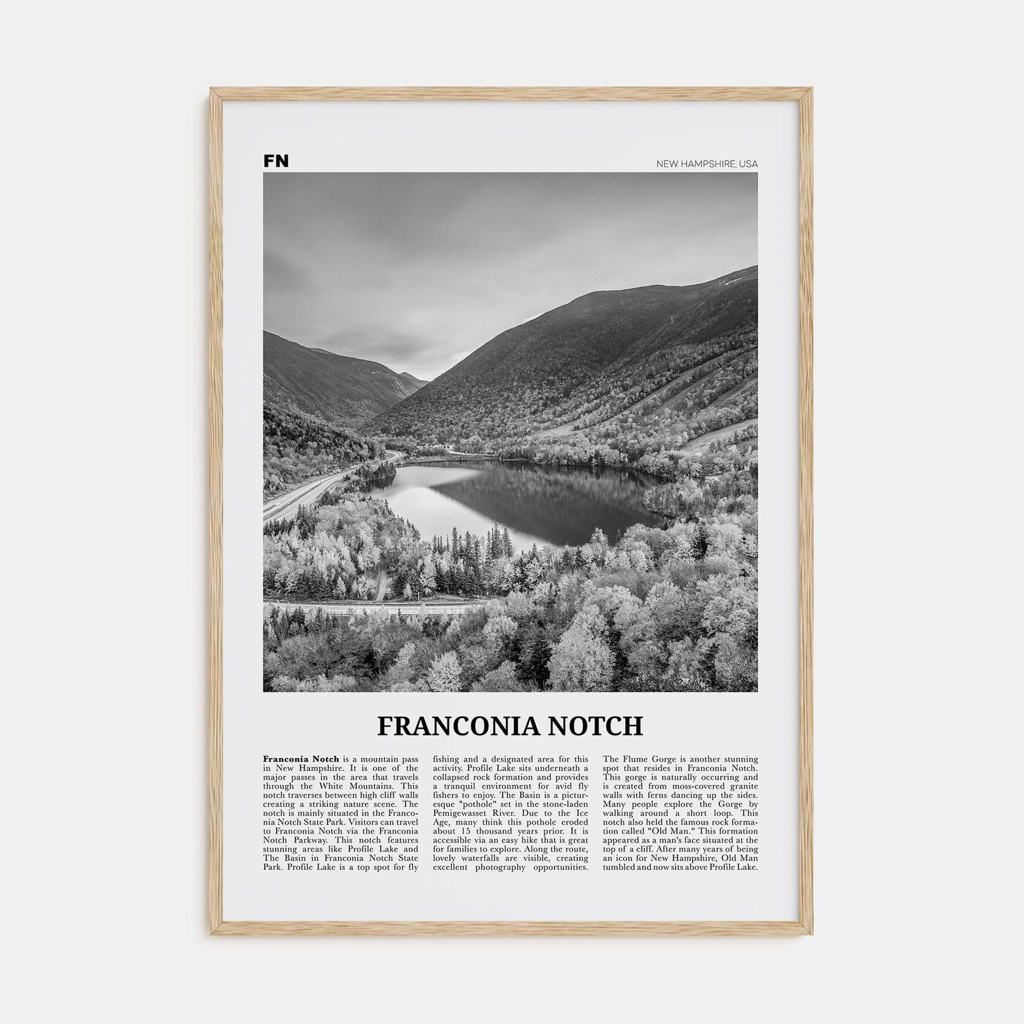 Franconia Notch Poster Natural Wood / 8x12 in Nbourhood Travel B&W Poster