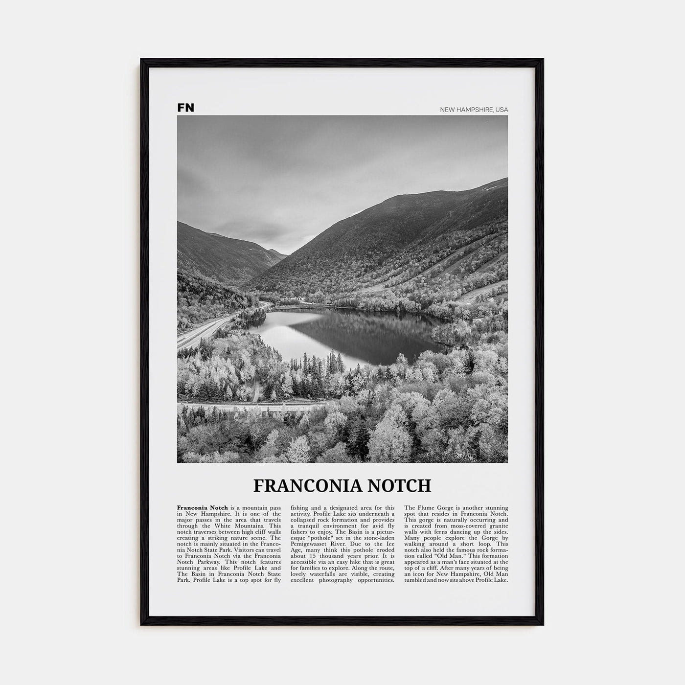 Franconia Notch Poster Black Wood / 8x12 in Nbourhood Travel B&W Poster