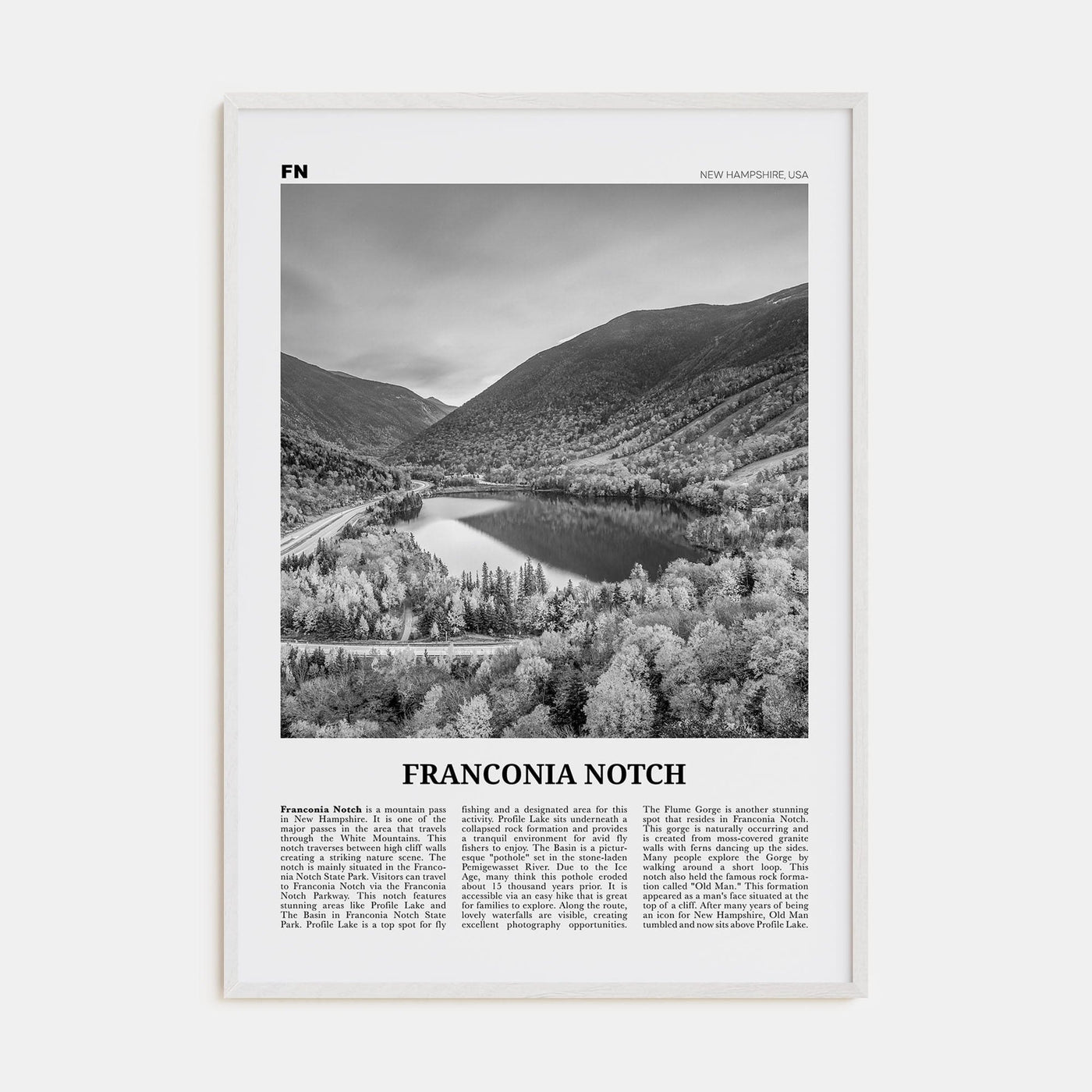 Franconia Notch Poster White Wood / 8x12 in Nbourhood Travel B&W Poster