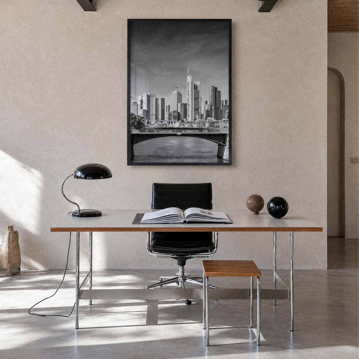 Frankfurt am Main black & white photo poster of Germany – vertical wall art in black wood frame, hanging on wall