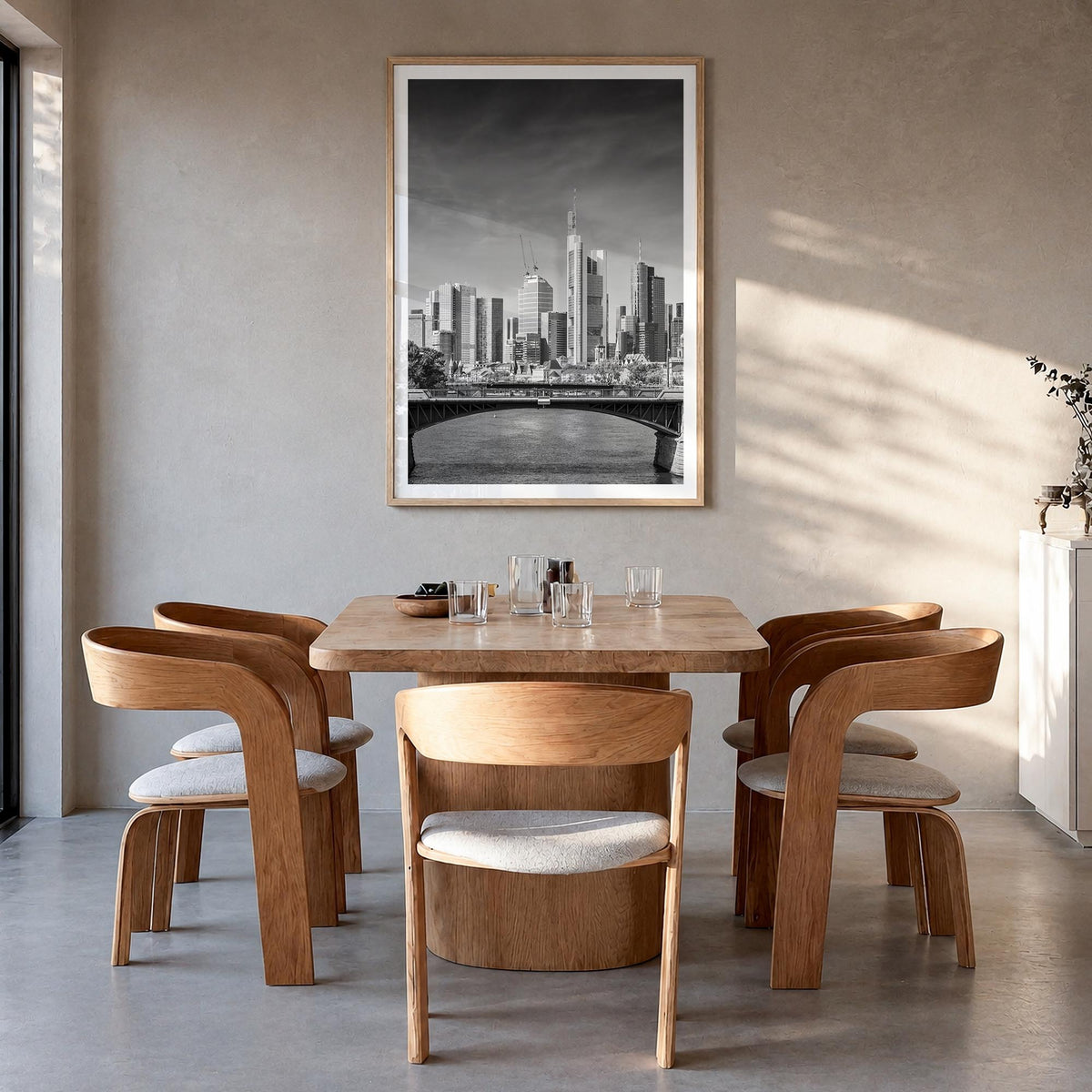 Frankfurt am Main black & white photo poster of Germany – vertical wall art in natural wood frame with white border, hanging 