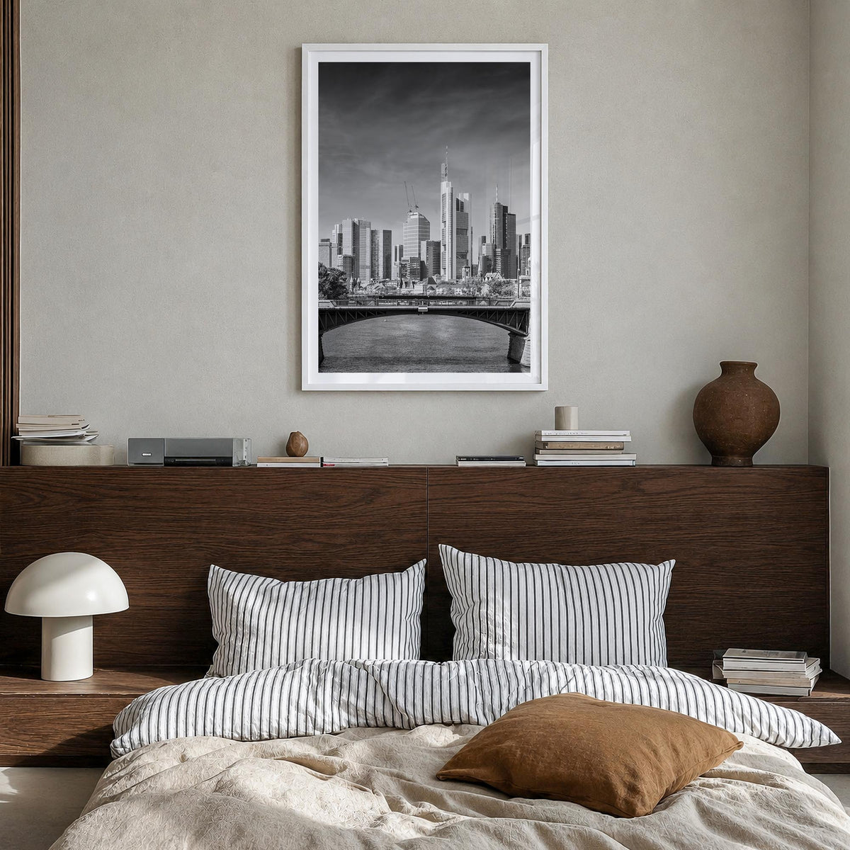 Frankfurt am Main black & white photo poster of Germany – vertical wall art in white wood frame with white border, hanging on