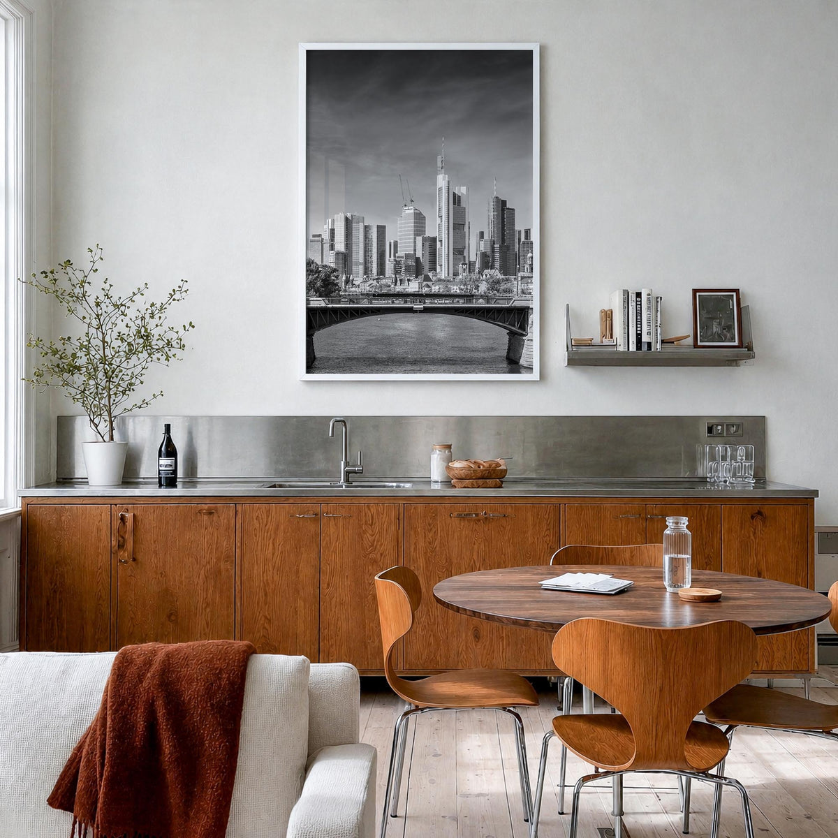 Frankfurt am Main black & white photo poster of Germany – vertical wall art in white wood frame, hanging on wall
