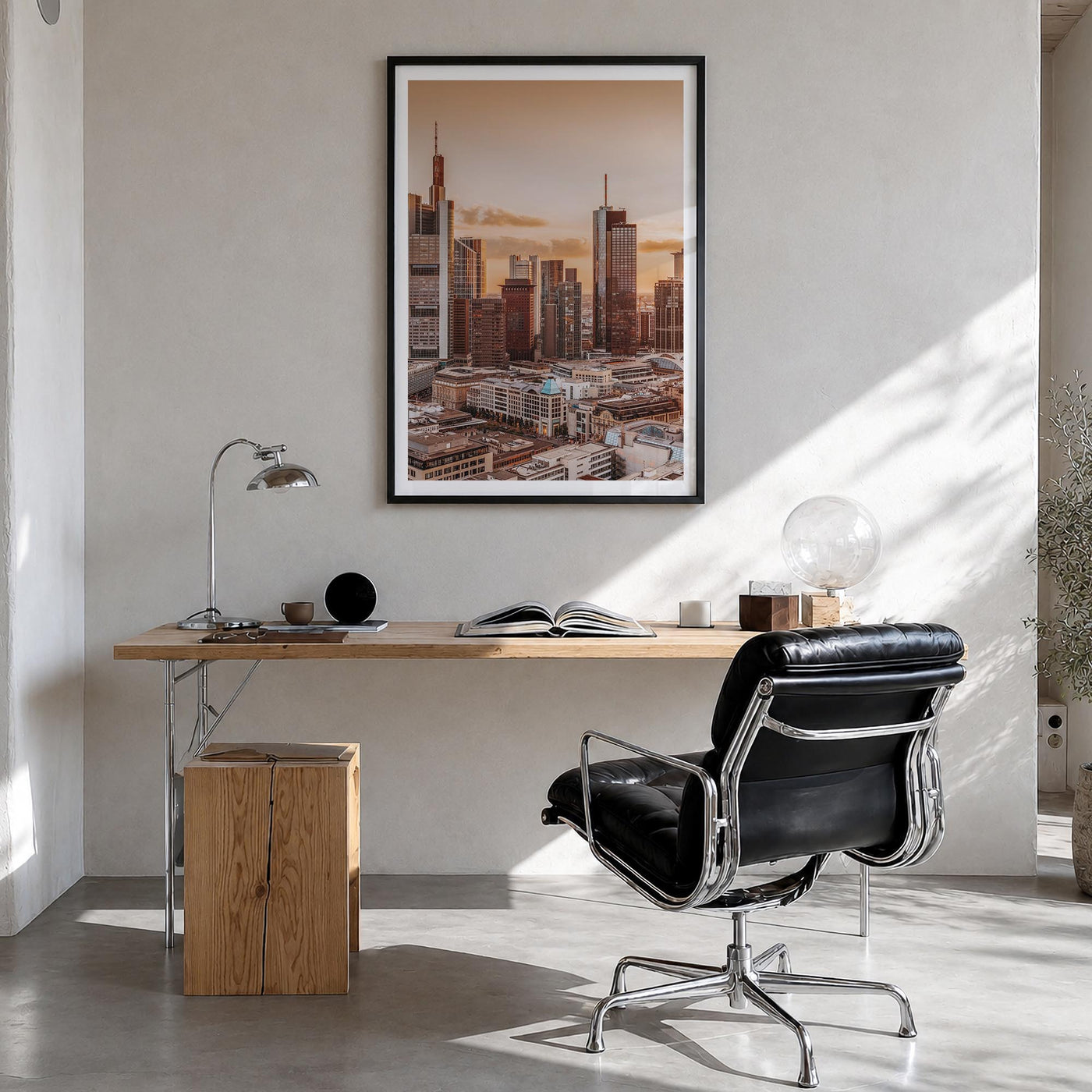 Frankfurt am Main colorful photo poster of Germany – vertical wall art in black wood frame with white border, hanging on wall