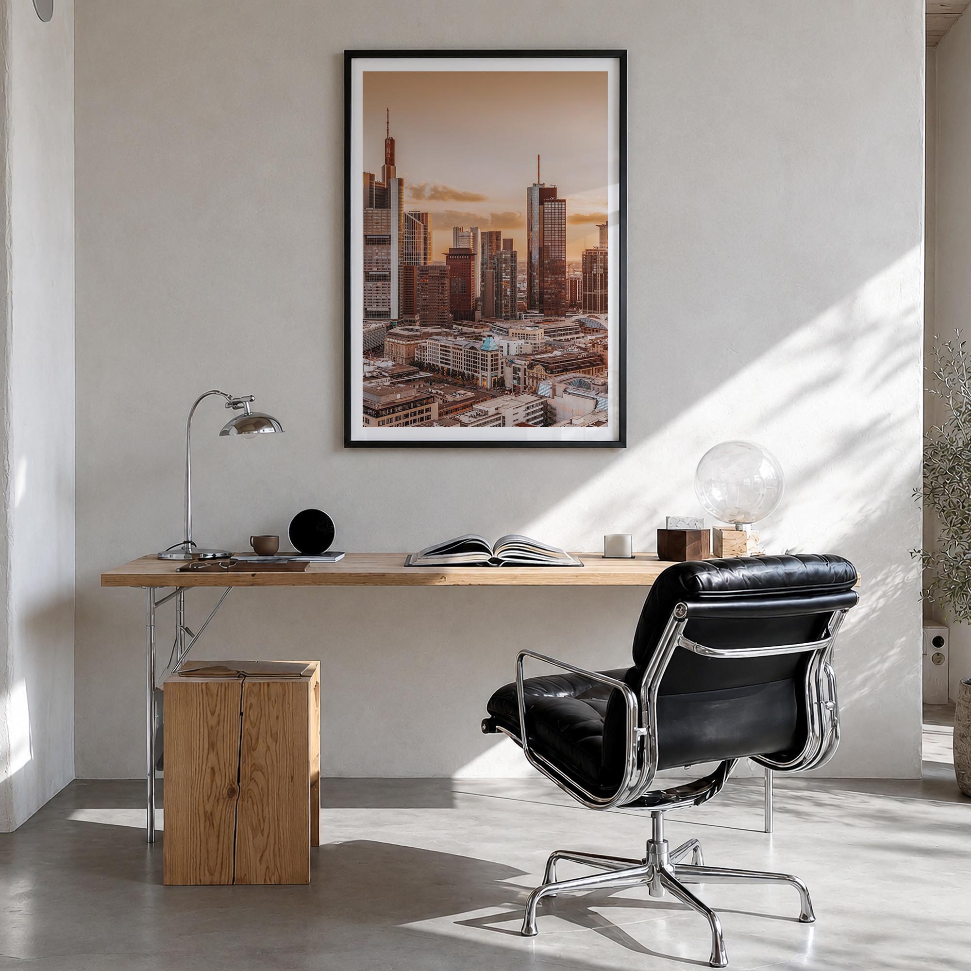 Frankfurt am Main colorful photo poster of Germany – vertical wall art in black wood frame with white border, hanging on wall
