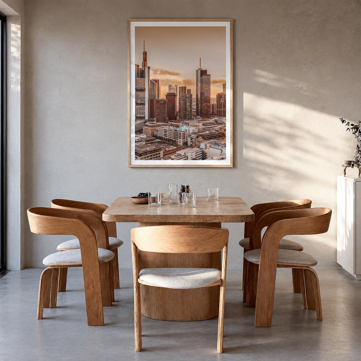 Frankfurt am Main colorful photo poster of Germany – vertical wall art in natural wood frame with white border, hanging on wa