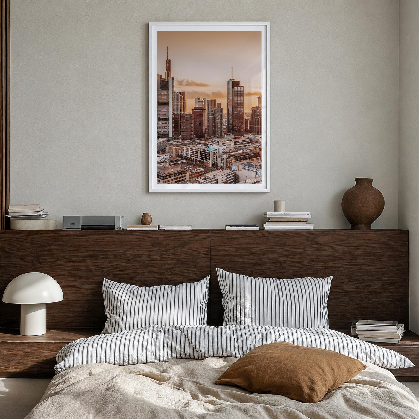 Frankfurt am Main colorful photo poster of Germany – vertical wall art in white wood frame with white border, hanging on wall