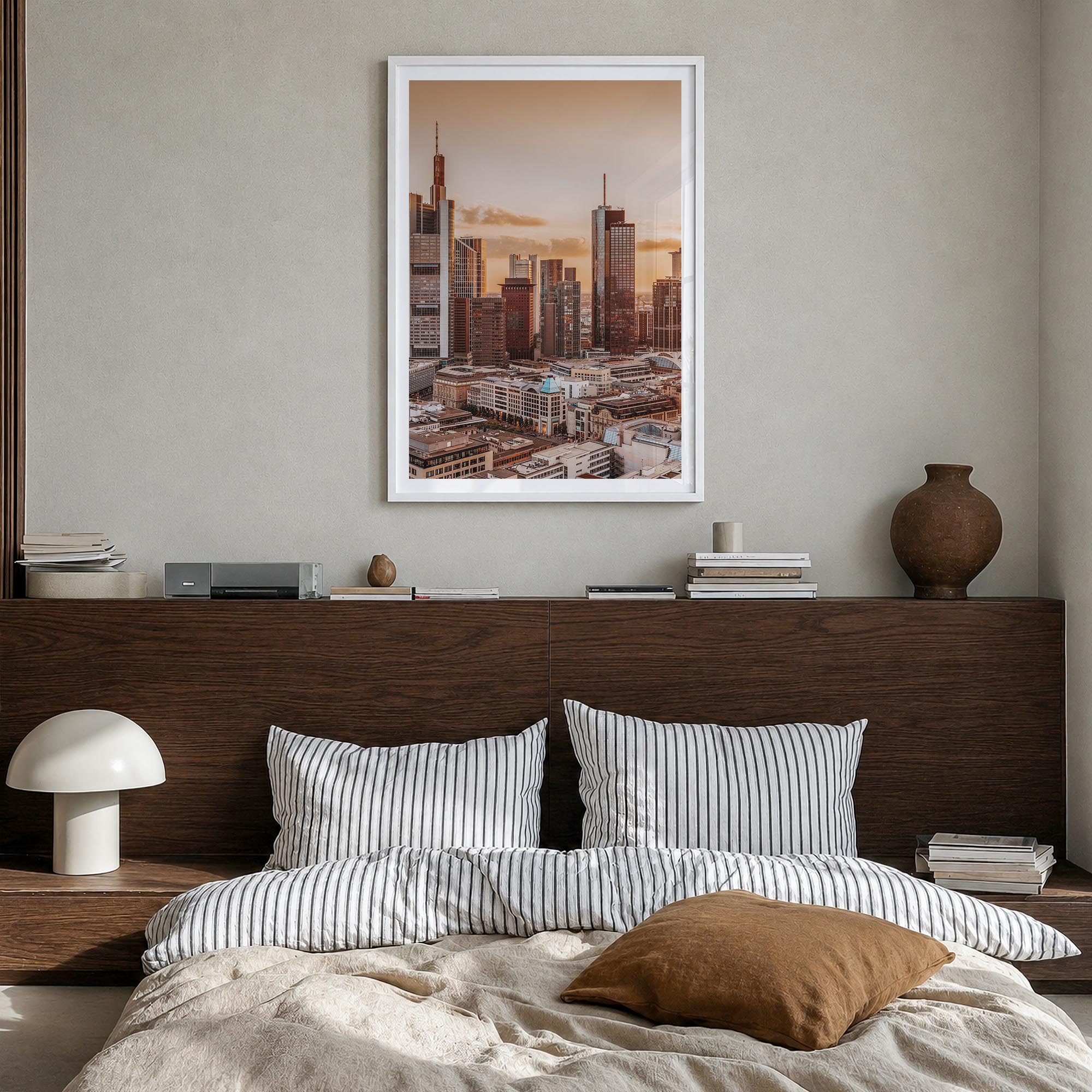 Frankfurt am Main colorful photo poster of Germany – vertical wall art in white wood frame with white border, hanging on wall