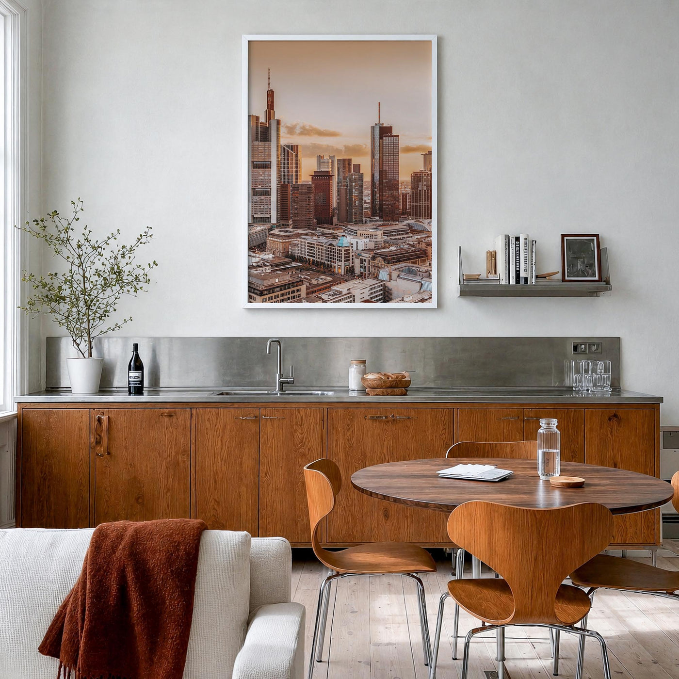 Frankfurt am Main colorful photo poster of Germany – vertical wall art in white wood frame, hanging on wall