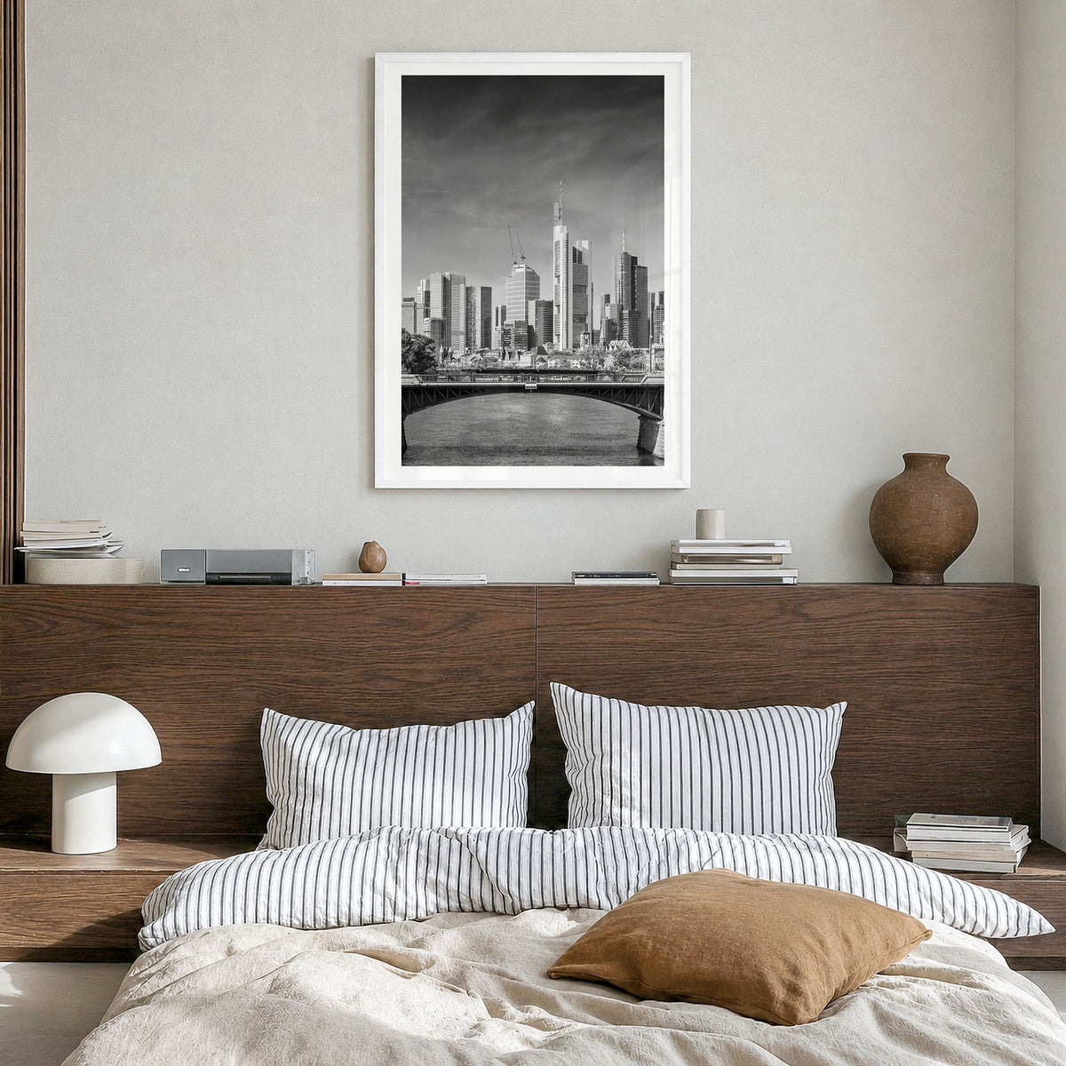 Frankfurt am Main Photo Poster in a white wood frame, hanging in a bedroom, white border