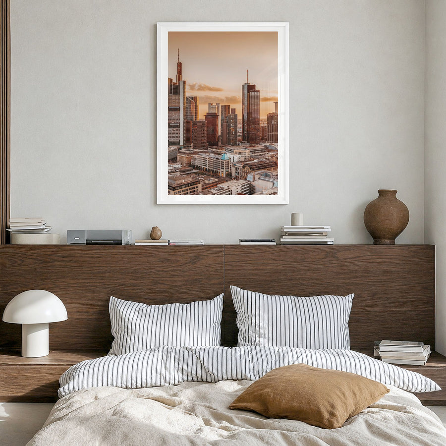 Frankfurt am Main Photo Poster in a white wood frame, hanging in a bedroom, white border
