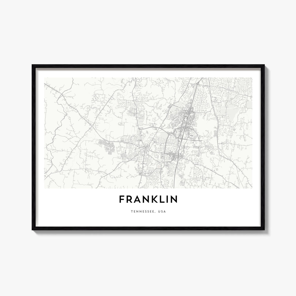 Franklin black & white map poster of Tennessee, USA – horizontal wall art, unframed print shown in interior mockup