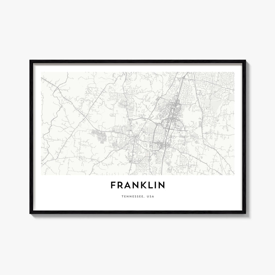 Franklin black & white map poster of Tennessee, USA – horizontal wall art, unframed print shown in interior mockup