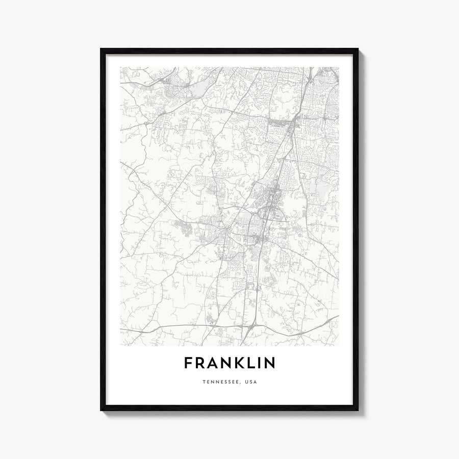 Franklin black & white map poster of Tennessee, USA – vertical wall art, unframed print shown in interior mockup