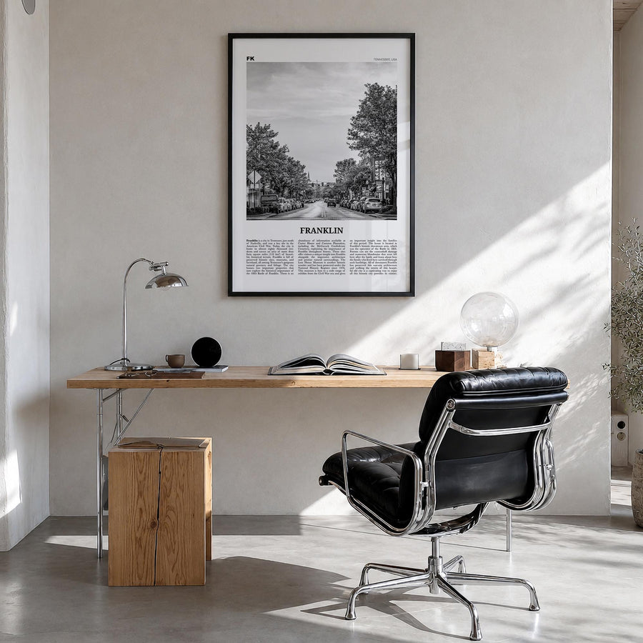 Franklin black & white newspaper poster of Tennessee, USA – vertical wall art in black wood frame, hanging on wall