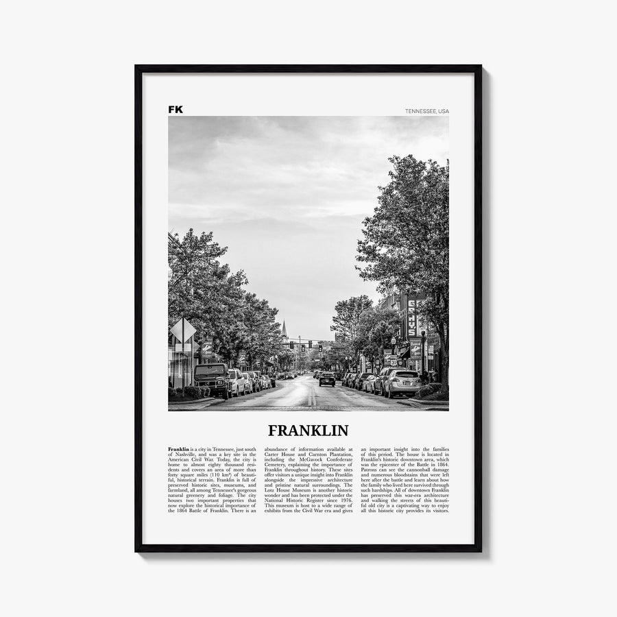Franklin black & white newspaper poster of Tennessee, USA – vertical wall art, unframed print shown in interior mockup