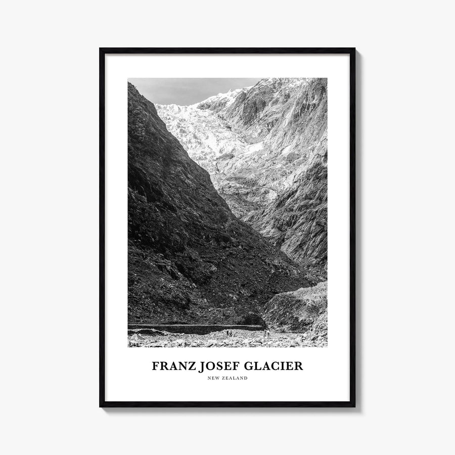 Franz Josef Glacier black & white classic poster of New Zealand – vertical wall art, unframed print shown in interior mockup