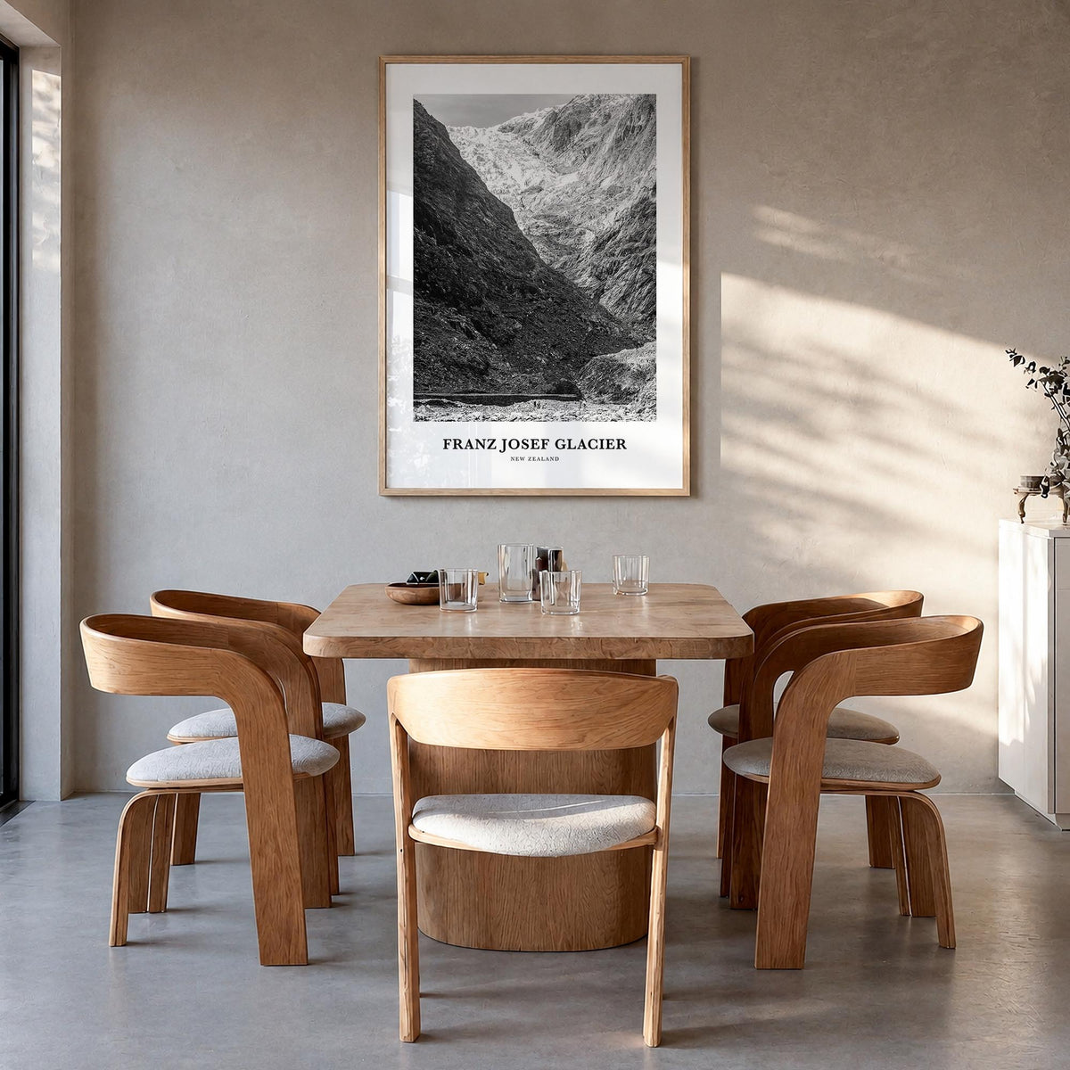 Franz Josef Glacier black & white classic poster of New Zealand – vertical wall art in natural wood frame, hanging on wall