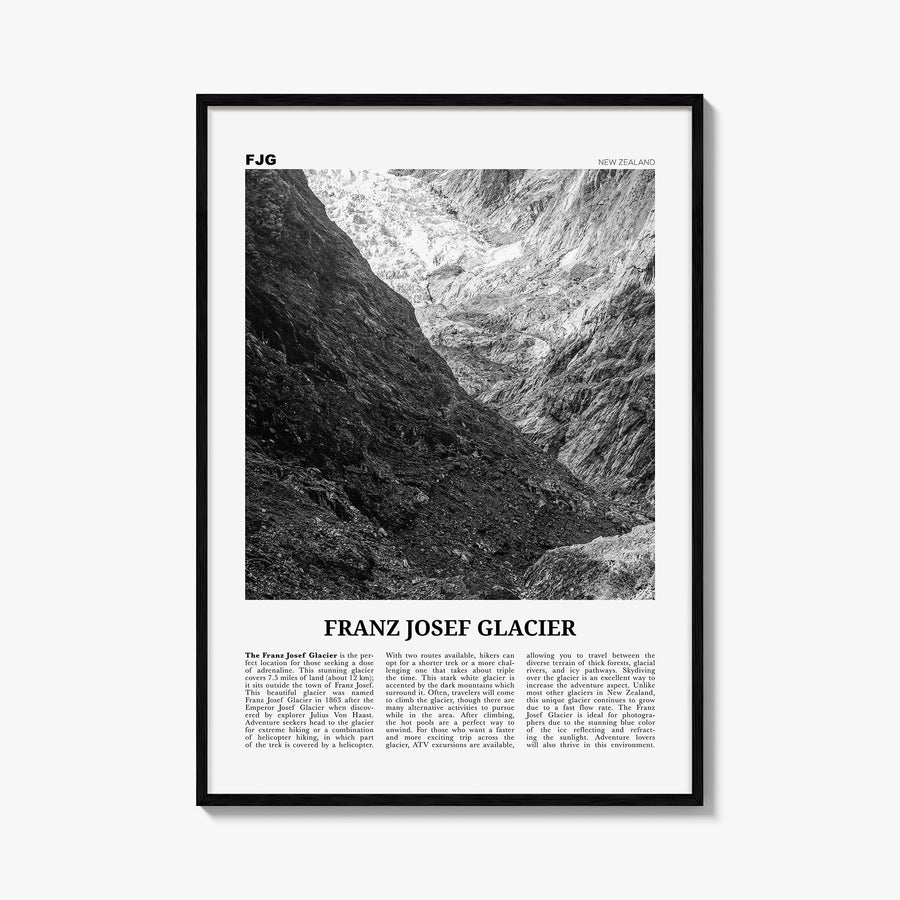 Franz Josef Glacier black & white newspaper poster of New Zealand – vertical wall art, unframed print shown in interior mocku