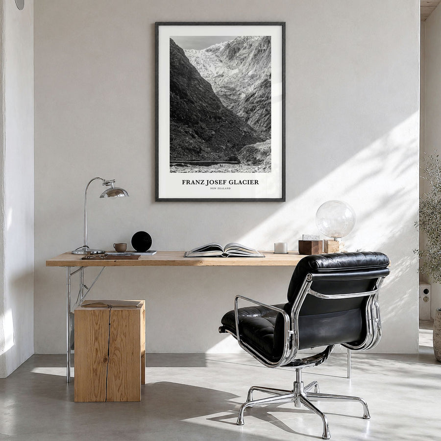 Franz Josef Glacier Classic Poster in a black wood frame, hanging in a bright home office