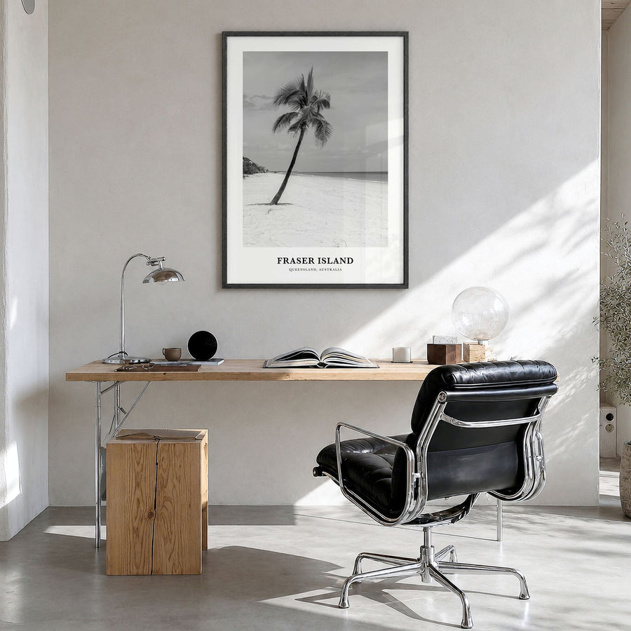 Fraser Island Classic Poster in a black wood frame, hanging in a bright home office