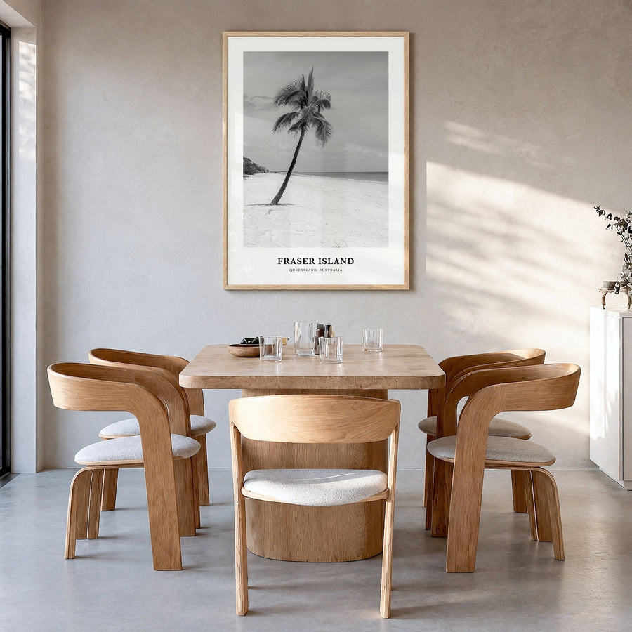 Fraser Island Classic Poster in a natural wood frame, hanging in a dining room