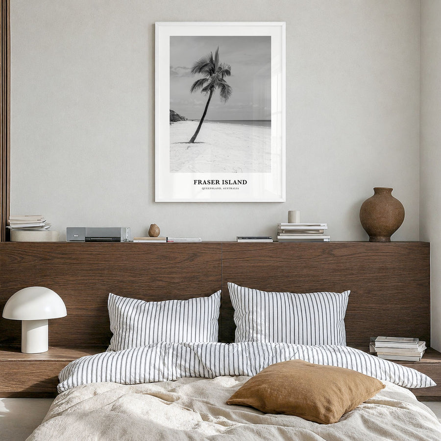 Fraser Island Classic Poster in a white wood frame, hanging in a bedroom