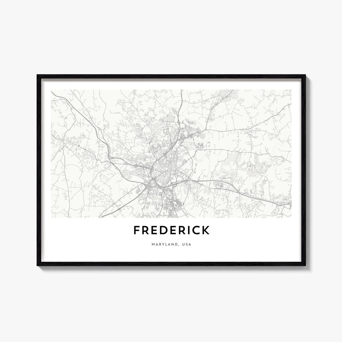Frederick black & white map poster of Maryland, USA – horizontal wall art, unframed print shown in interior mockup