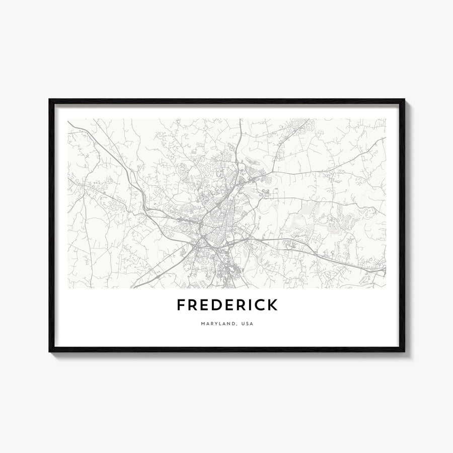 Frederick black & white map poster of Maryland, USA – horizontal wall art, unframed print shown in interior mockup