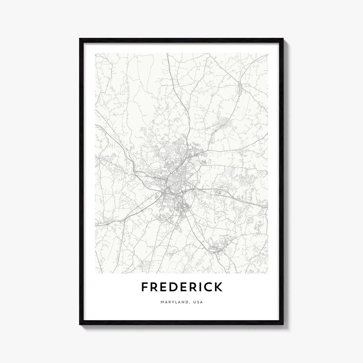 Frederick black & white map poster of Maryland, USA – vertical wall art, unframed print shown in interior mockup
